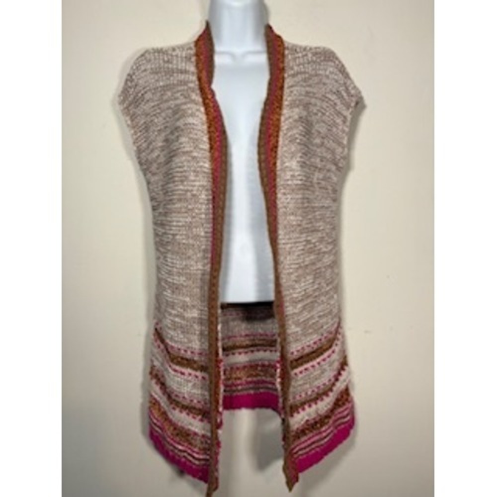 CHICO'S Open Front Knit Vest Small Tan Pink Metallic Boho Sleeveless Cardigan